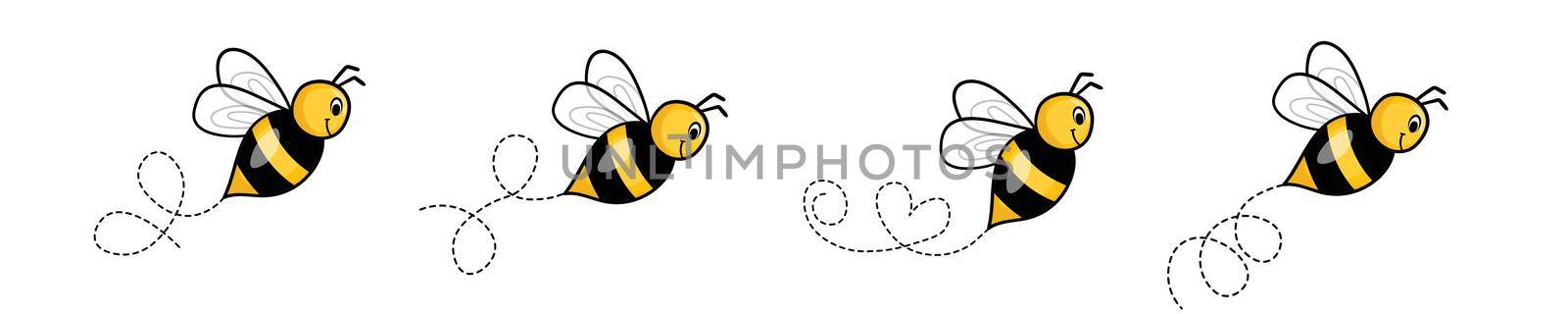 Set of cartoon bee mascot. A small bees flying on a dotted route. Wasp collection. Vector characters. Incest icon. Template design for invitation, cards. Doodle style.