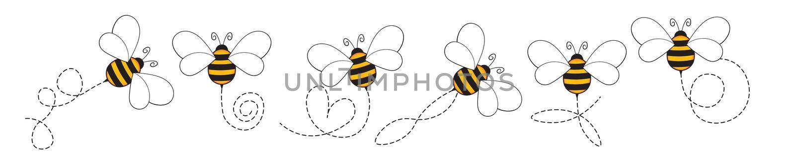 Set of cartoon bee mascot. A small bees flying on a dotted route. Wasp collection. Vector characters. Incest icon. Template design for invitation, cards. Doodle style.