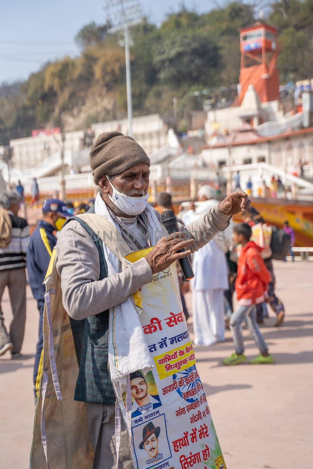 Haridwar, Uttarakhand India April 06, 2021. Policemen spreading awareness of protection from Coronavirus to stay safe from Coronavirus during Maha Kumbh 2021. Apple prores 422 High-quality 4k footage.