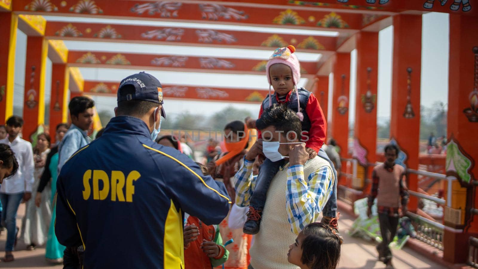 Haridwar, Uttarakhand India April 06, 2021. Policemen spreading awareness of protection from Coronavirus to stay safe from Coronavirus during Maha Kumbh 2021. Apple prores 422 High-quality 4k footage.