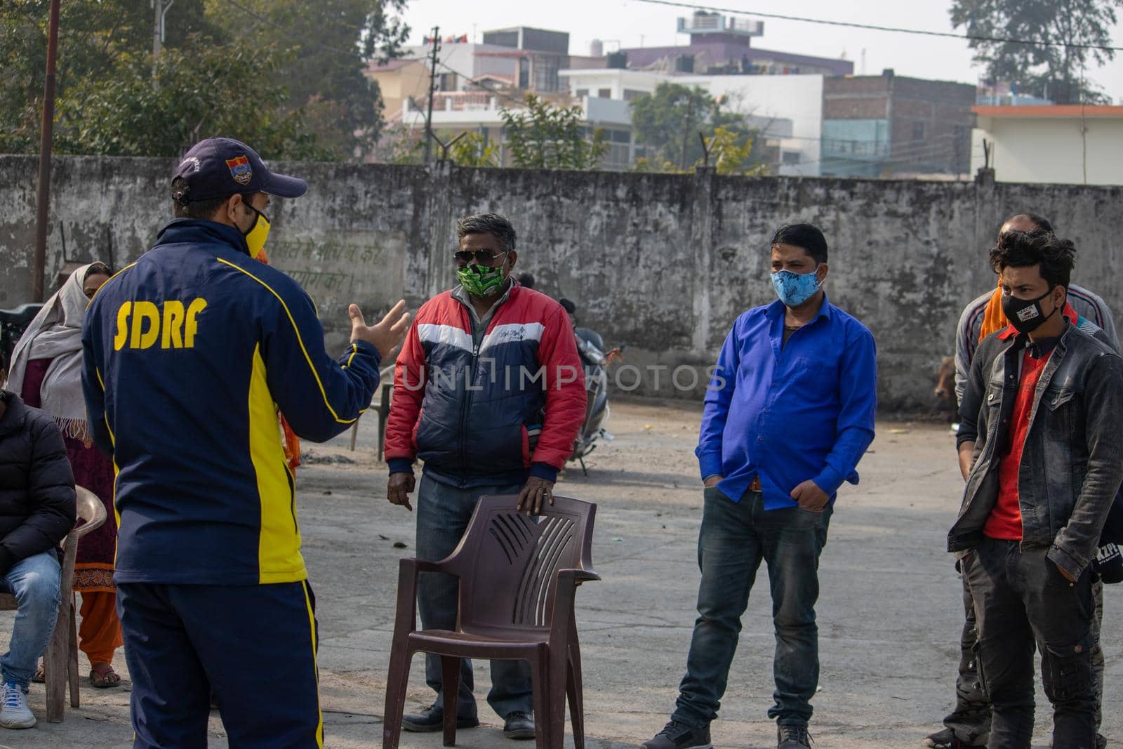 Haridwar, Uttarakhand India April 06, 2021. Policemen spreading awareness of protection from Coronavirus to stay safe from Coronavirus during Maha Kumbh 2021. Apple prores 422 High-quality 4k footage.