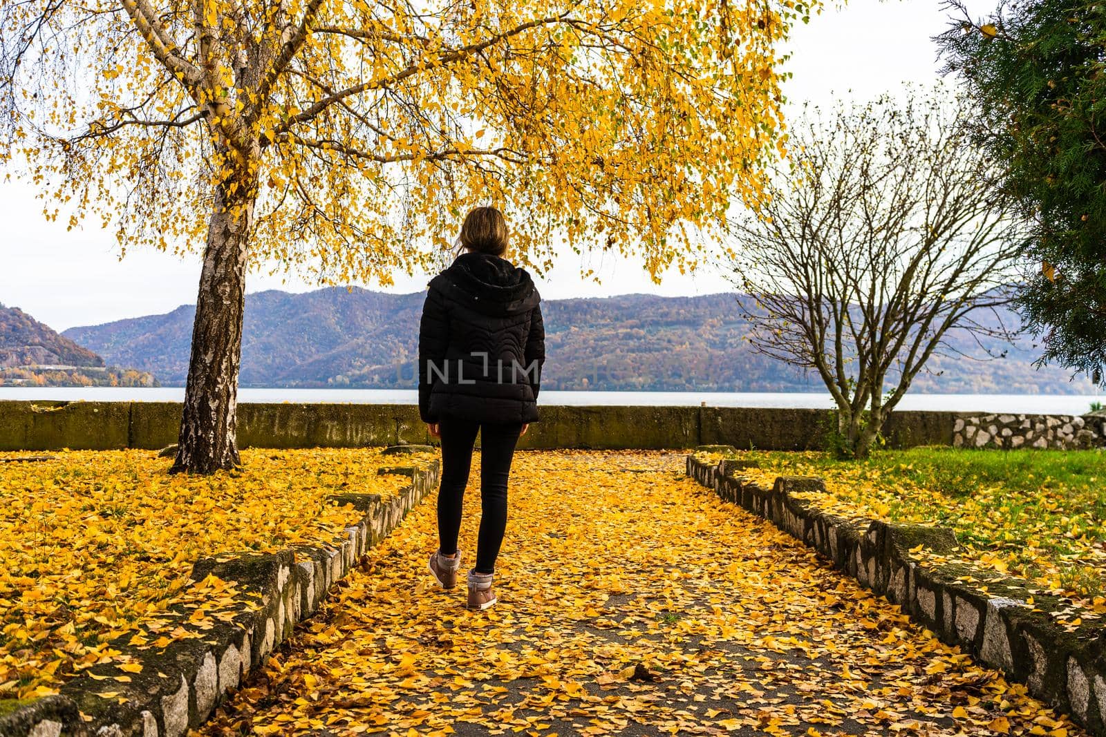 Autumn leaves fallen on alone woman walking on the autumn alley. Autumn landscape, orange foliage in a park in Orsova, Romania, 2020