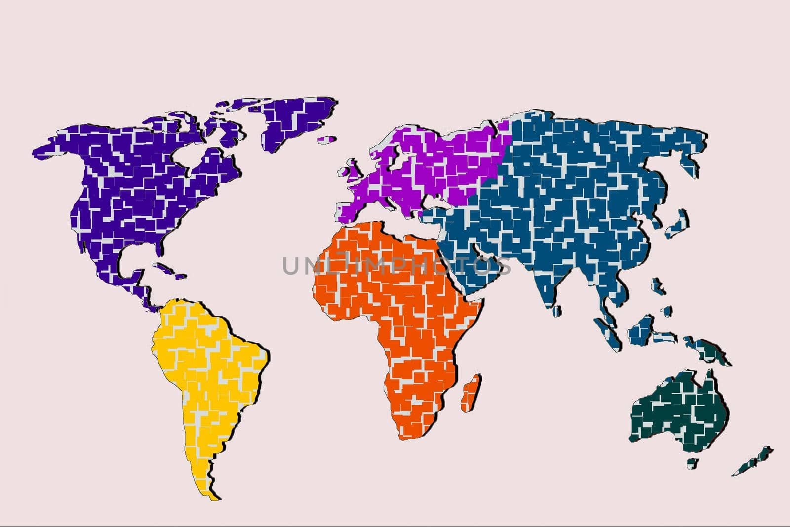 Roughly outlined world map with a colorful background patterns