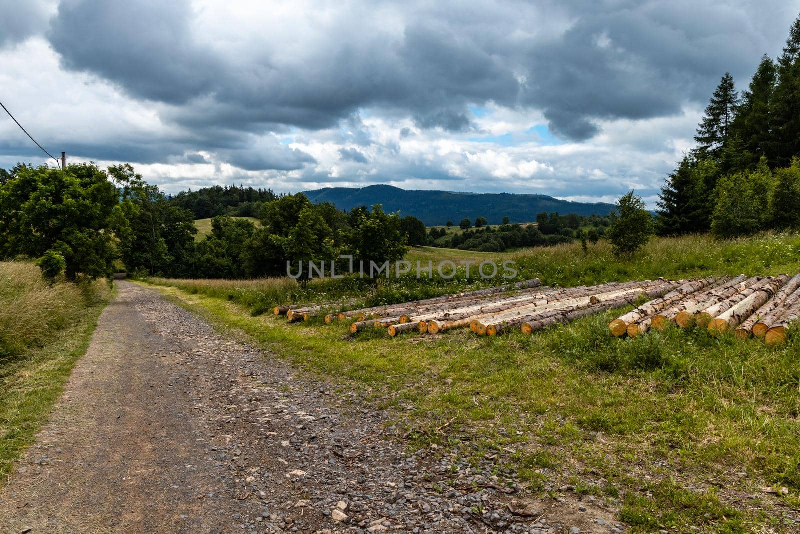 Long mountain trail in Walbrzych Mountains at cloudy day by Wierzchu