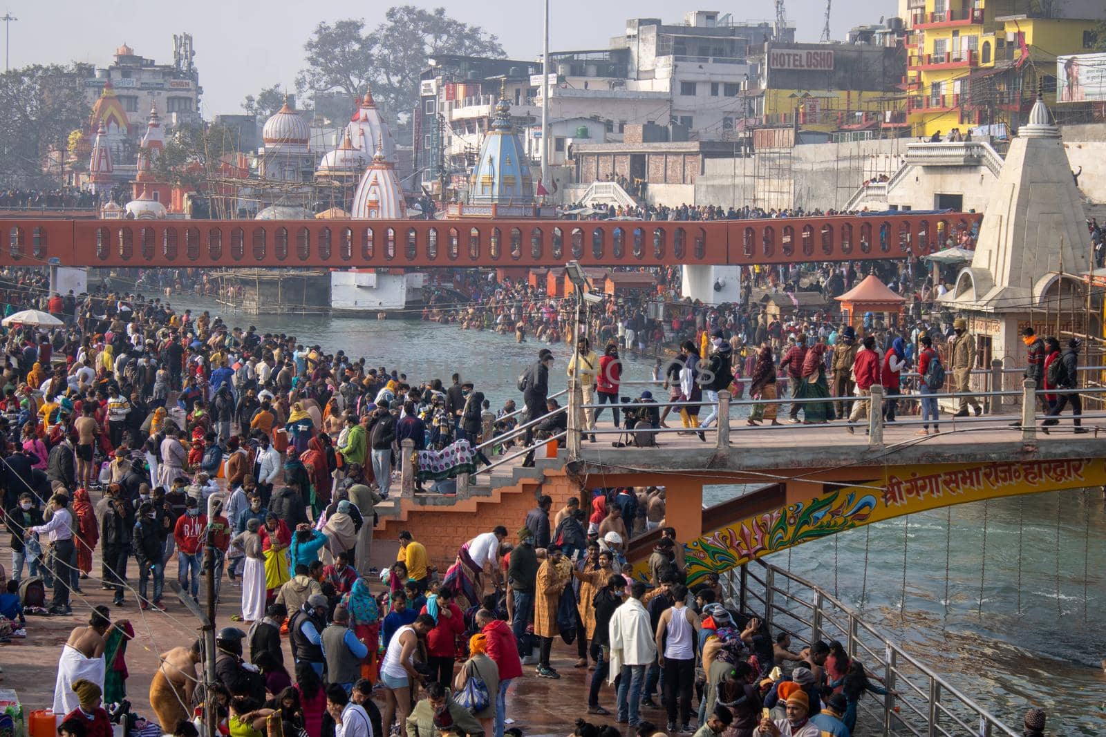 Haridwar, Uttarakhand, India, April 14, 2021. Pilgrims Holy dip in river Ganges, The Home of Pilgrims in India, Kumbh Nagri Haridwar Uttarakhand India.Religious Nagri Haridwar, The Highly visited pilgrimage place in India. City of Holy River Ganga. High quality photo