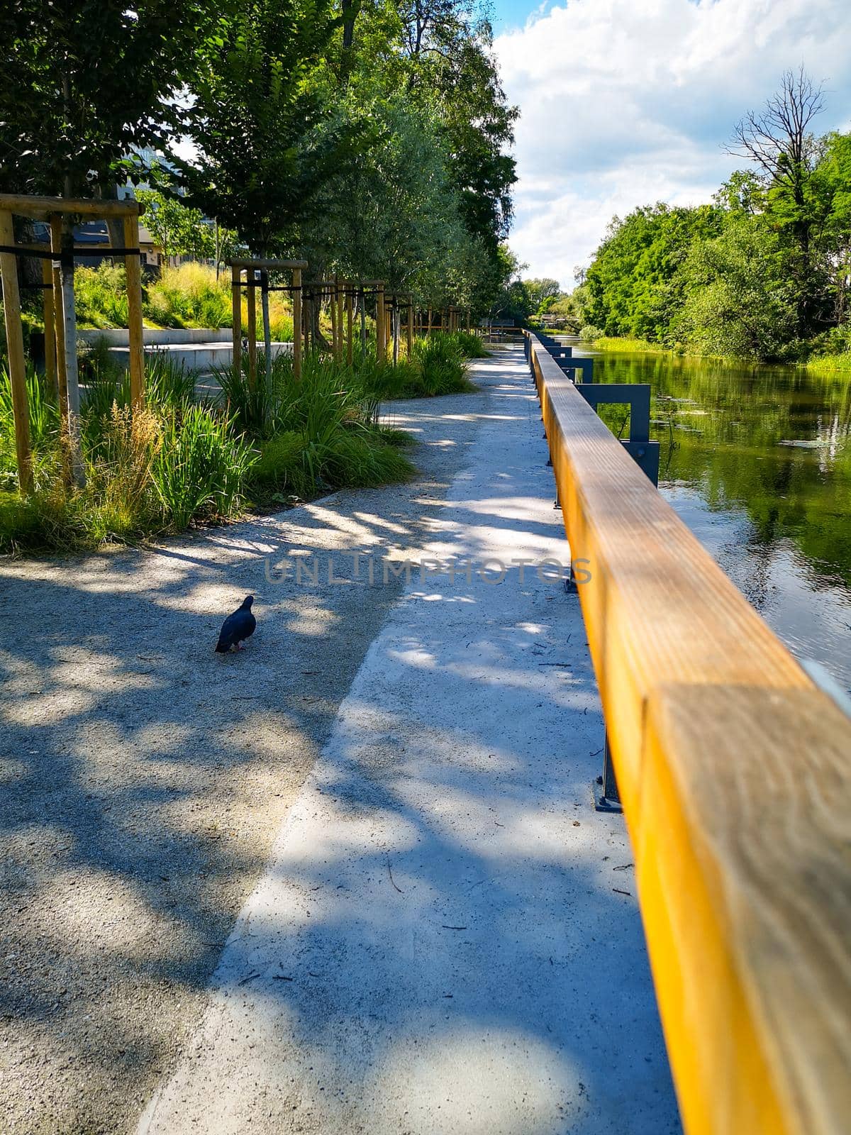 Platform with benches as relaxing area on Olawa river