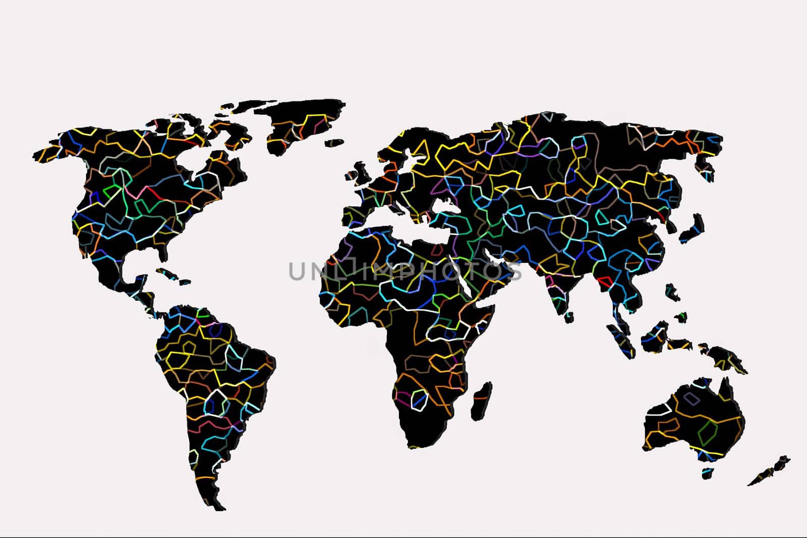 Roughly outlined world map with a colorful background patterns