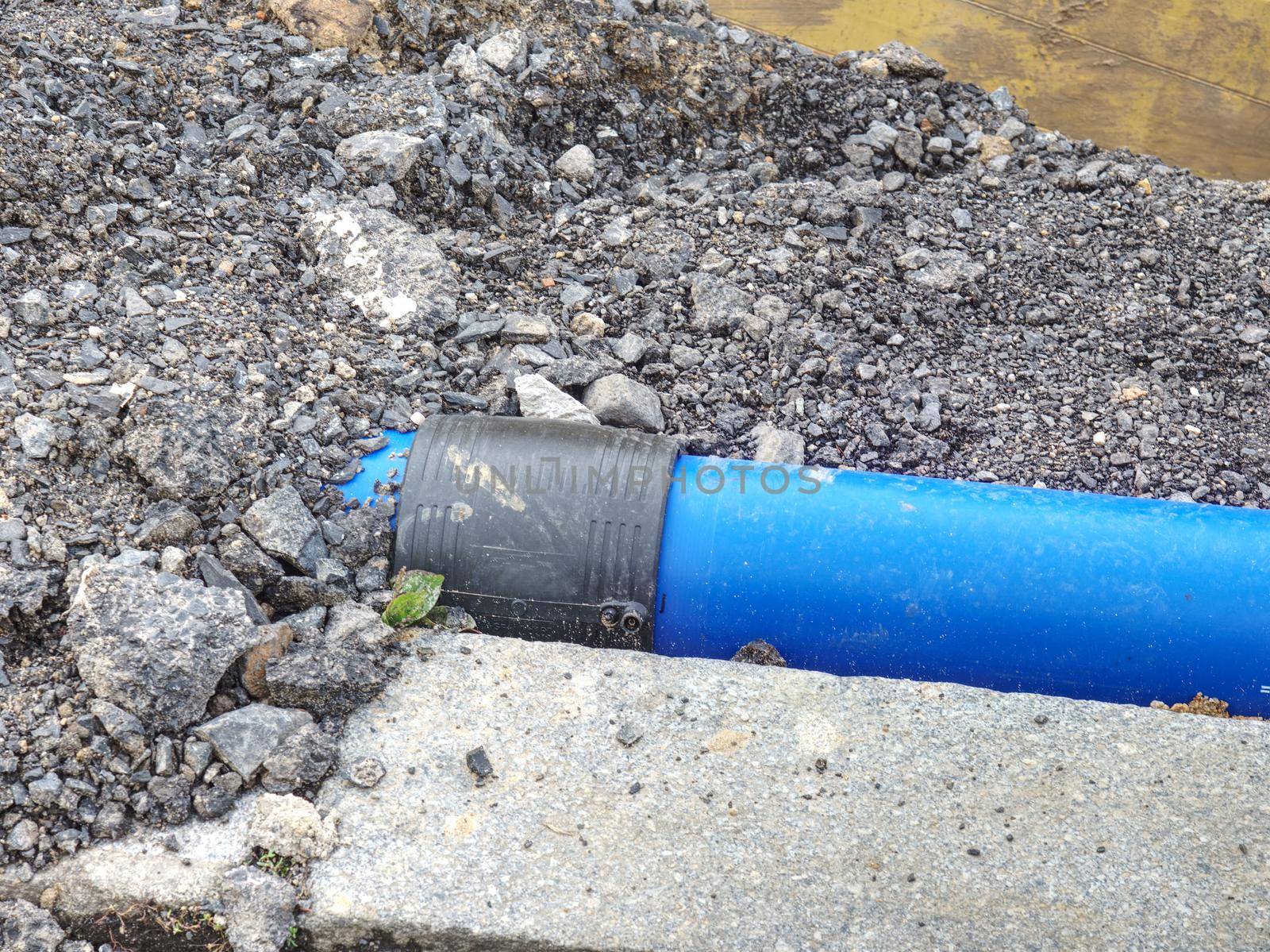 Black welding connection point for leakness. Installation of underground pipes for water