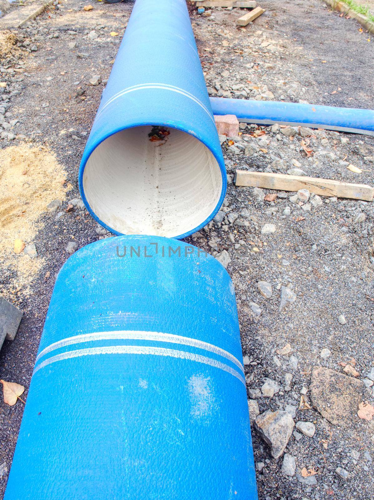 HDPE pipe ready for welding. City underground portable water system.