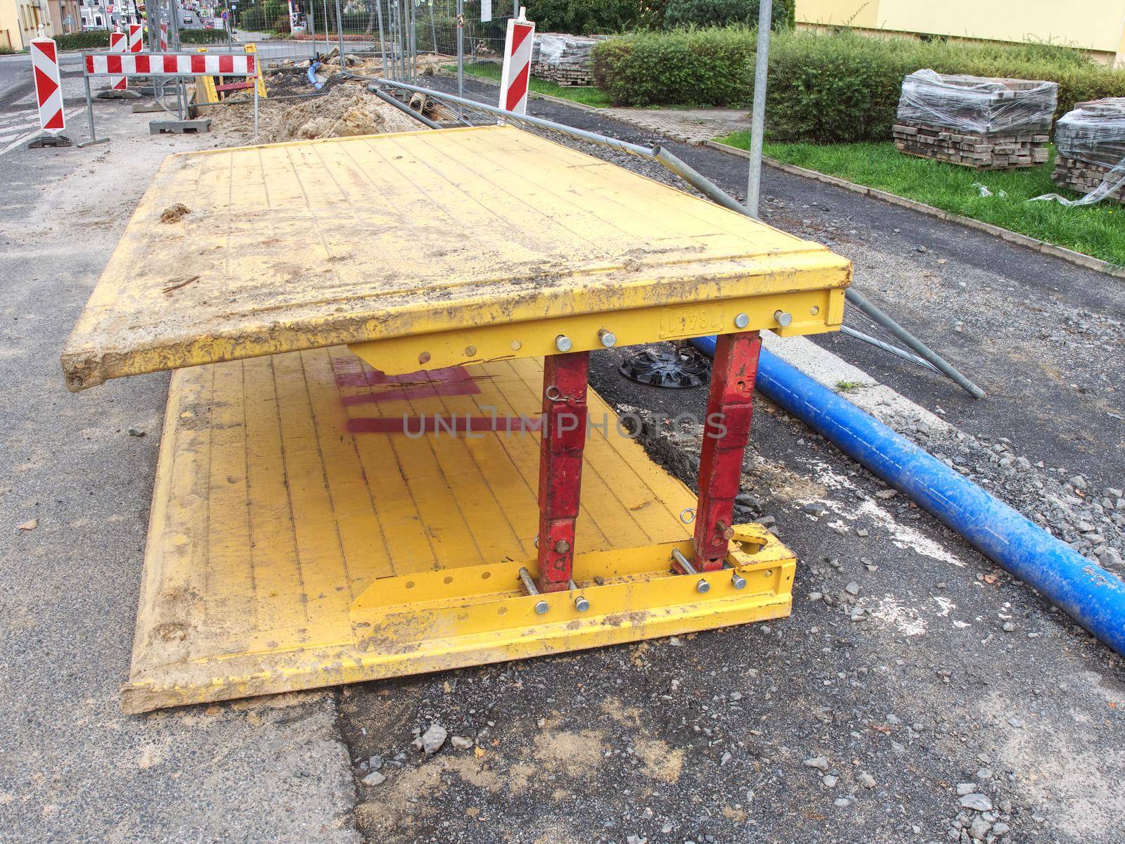 Steel Desk Formwork Around Water Tube. Preparation for pouring slab for concrete filling. Potable water system for small town.