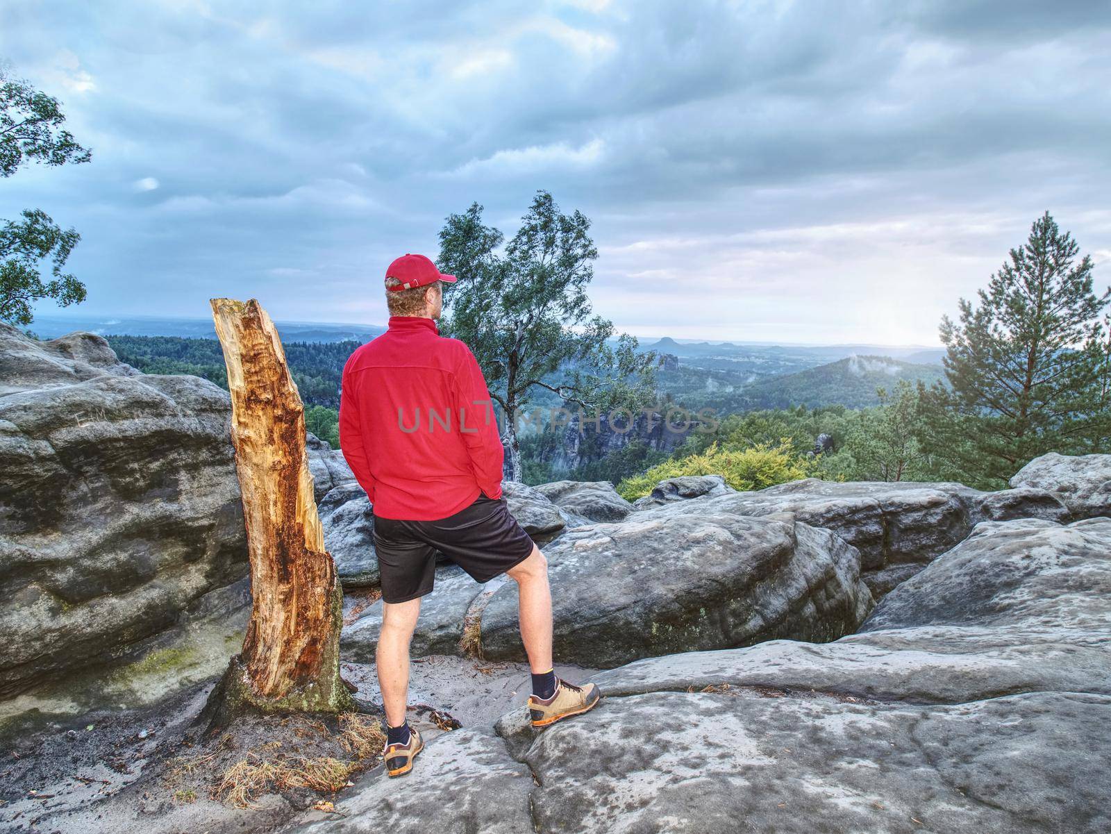 Adult hiker in red shirt and dark running pants. Tall man on the peak of sandstone cliff watching down to landscape