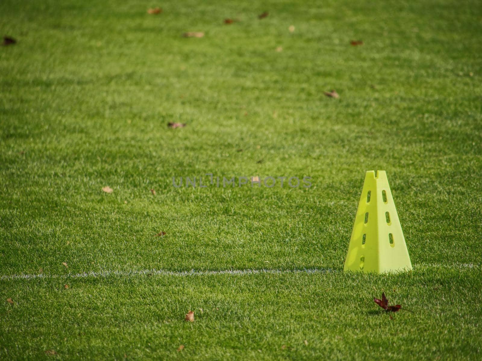 yellow triangles used as soccer training equipment on green grass field