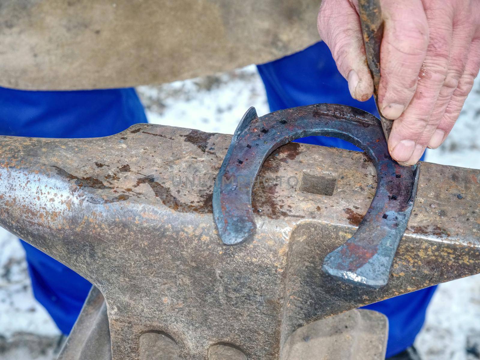 Blacksmith forging with hammer nail holes on horseshoe.