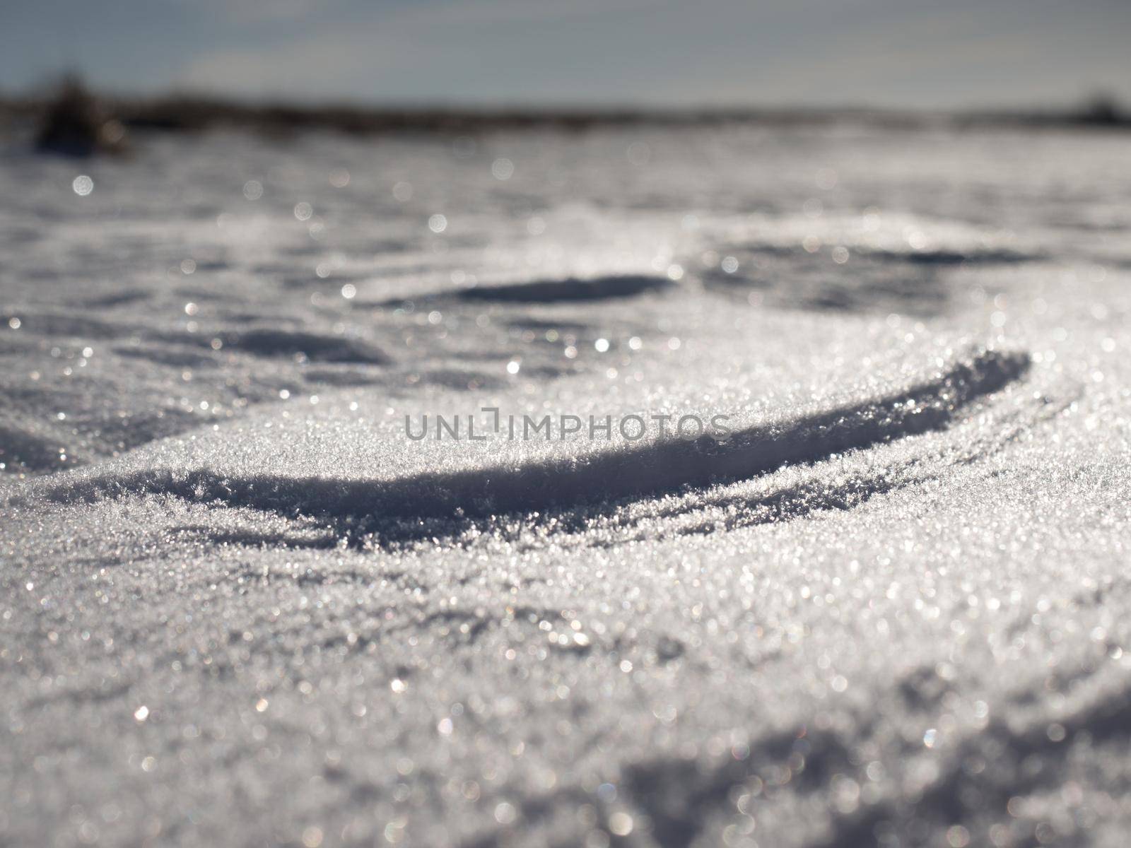 Sharp snow texture. Winter landscape,  snow field sparkling in the sun, shinnig surface 