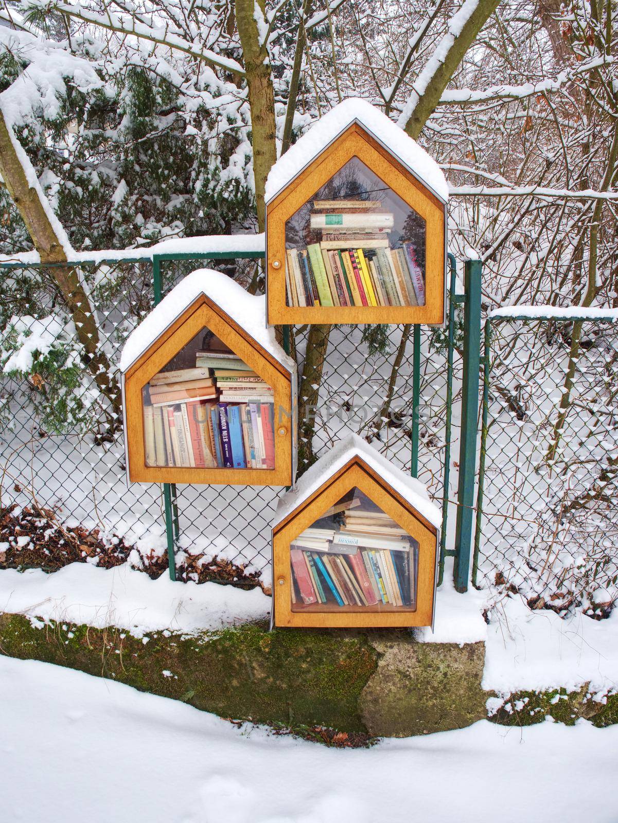 Sidewalk Library in Residential Neighborhood. Little Free Library exchange box stands next to a public building. 26th of January 2019, Radvanec, Czech Republic
