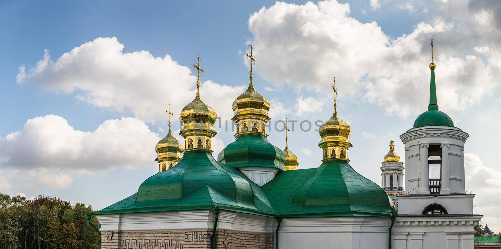 Churches and golden domes in Kyiv, Ukraine. Orthodox Christian Cathedral with golden domes and crosses. Church of the Savior on Berestov, Kiev-Pechersk Lavra. 
