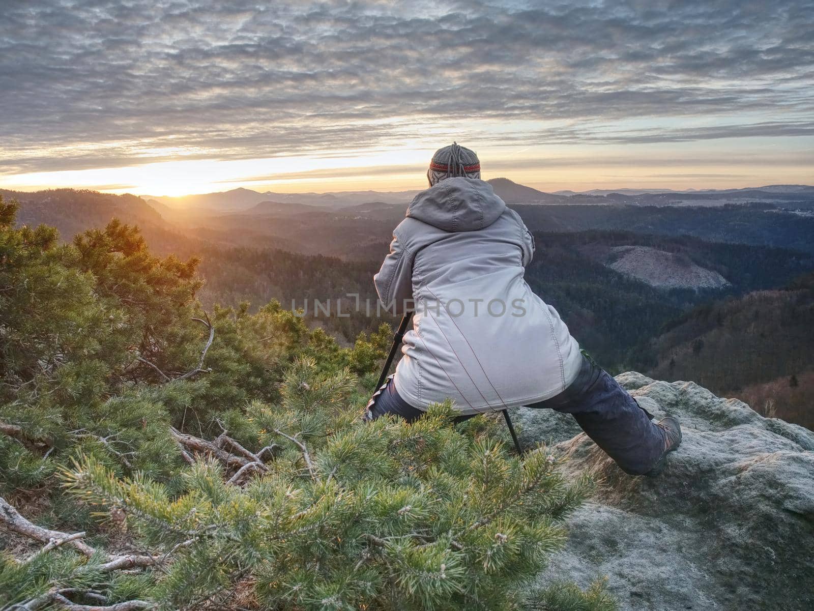 Photographer taking picture. Woman artist photo enthusiast stay with camera above valley and works. Nice view over dried trees in valley.