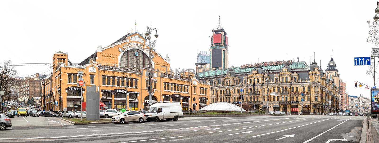 Kyiv, Ukraine - Nov. 16, 2019: The streets of Kyiv. Old and new architecture of Kyiv. Panorama view of the Bessarabian market and the Аrena Citi shopping complex.