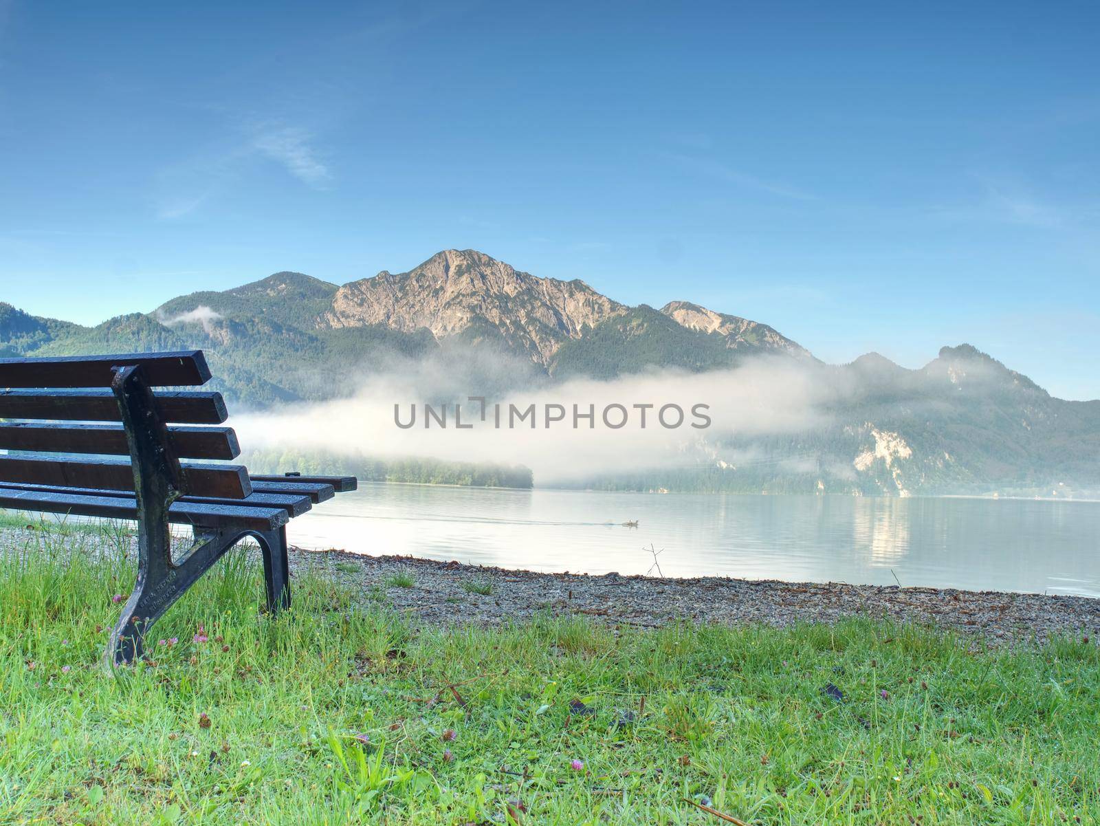 View of lake landscape with a bench in the foreground ready to relax. Coast under bended tree s.