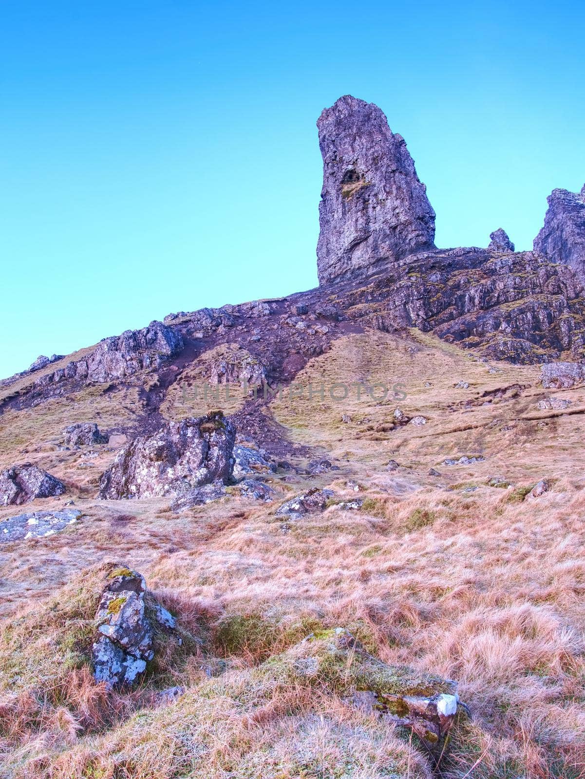 Old Man of Storr rocks with clear sky Isle of Skye Scotland, cold February morning