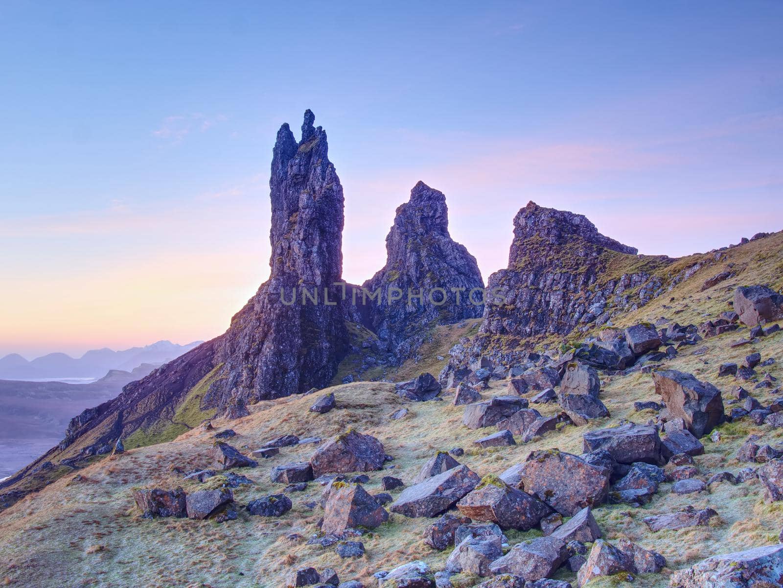 Old Man of Storr rocks with clear sky Isle of Skye Scotland, February morning by rdonar2