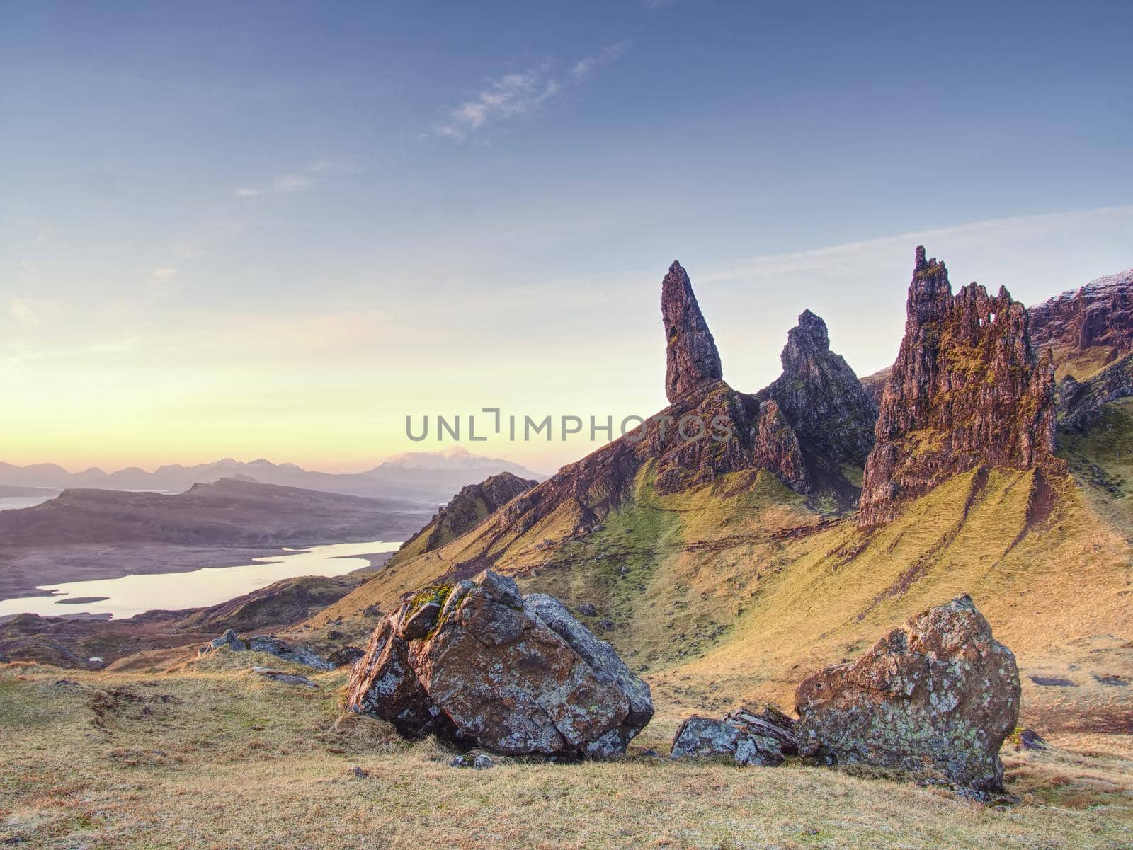 Famous view over Old Man of Storr in Scotland. Popular exposed rocks by rdonar2