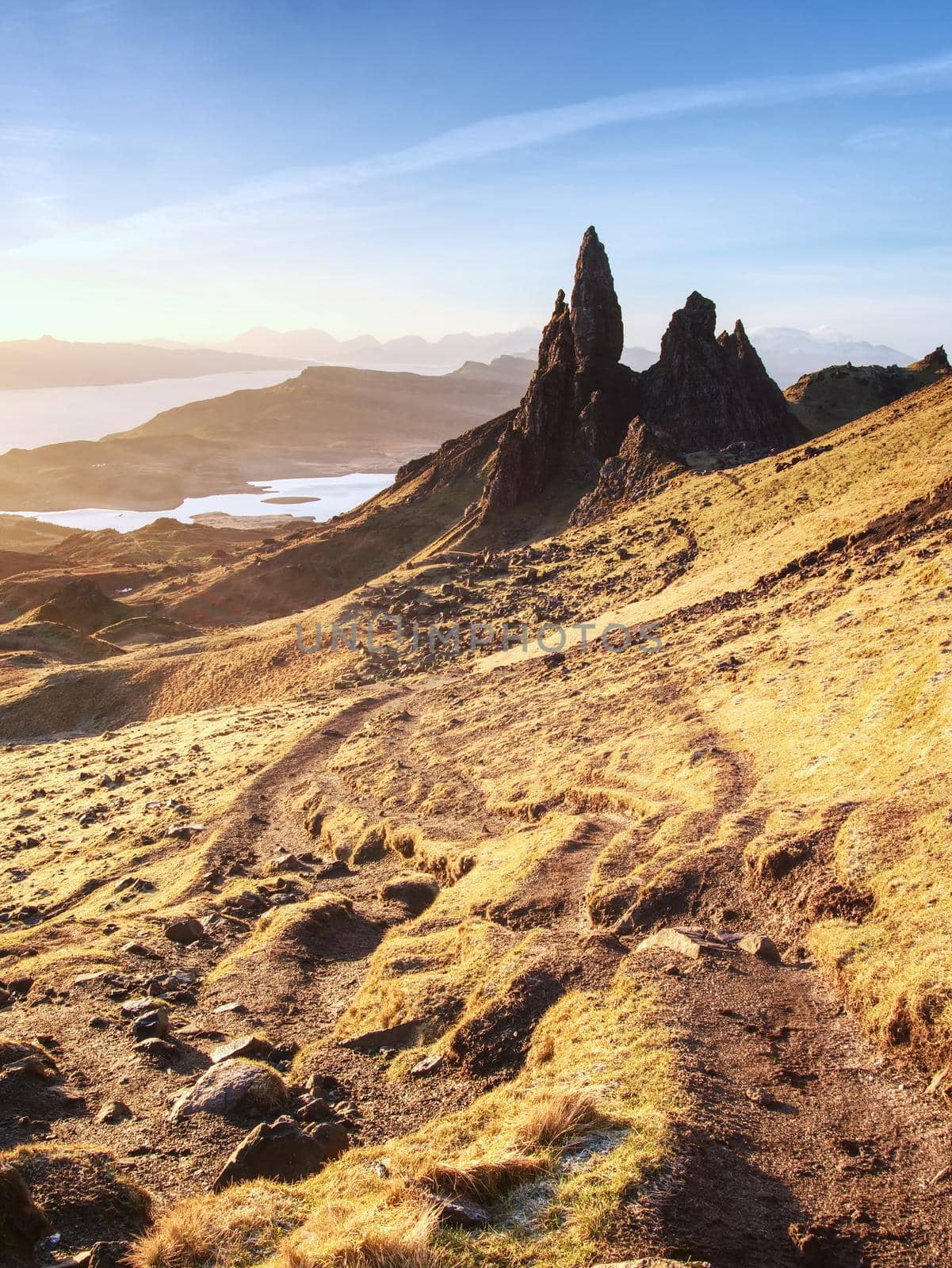 Famous exposed rocks Old Man of Storr, north hill in the Isle of Skye island of Highlands in Scotland. 