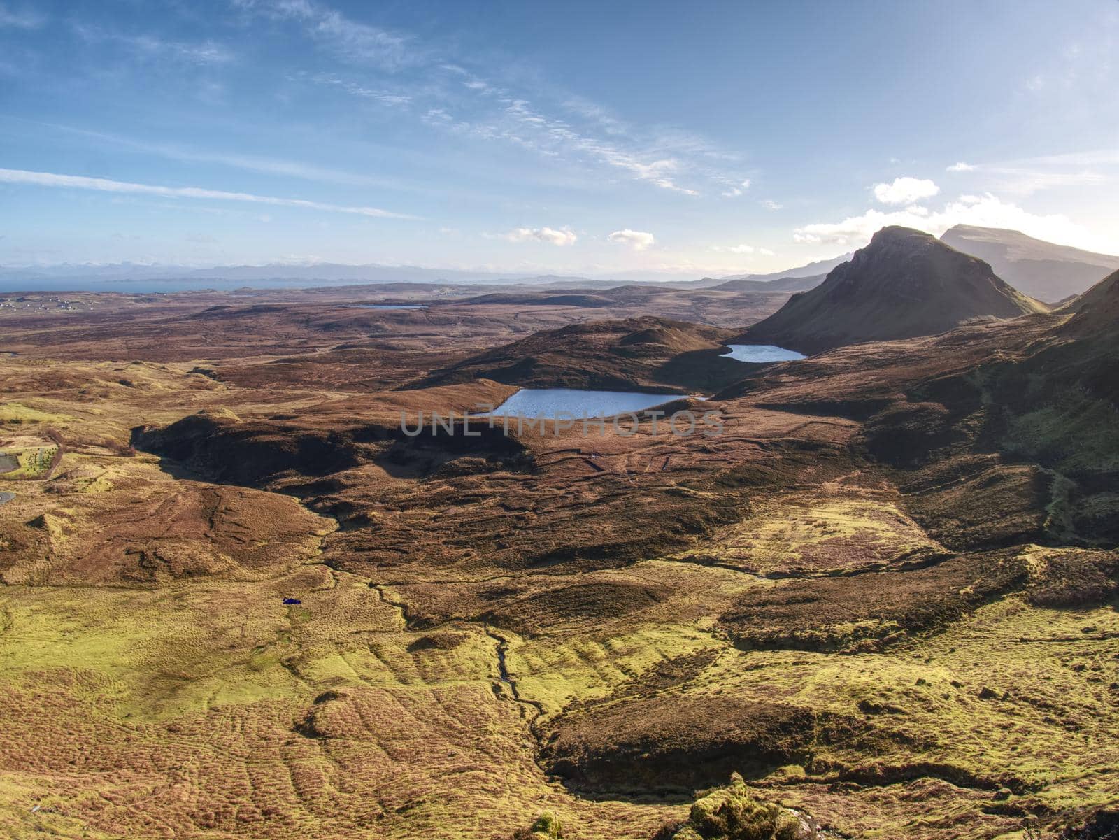 Quiraing mountains in winter midday. Hilly landscape of Isle of Skye, Scottish Highlands. Breathtaking view