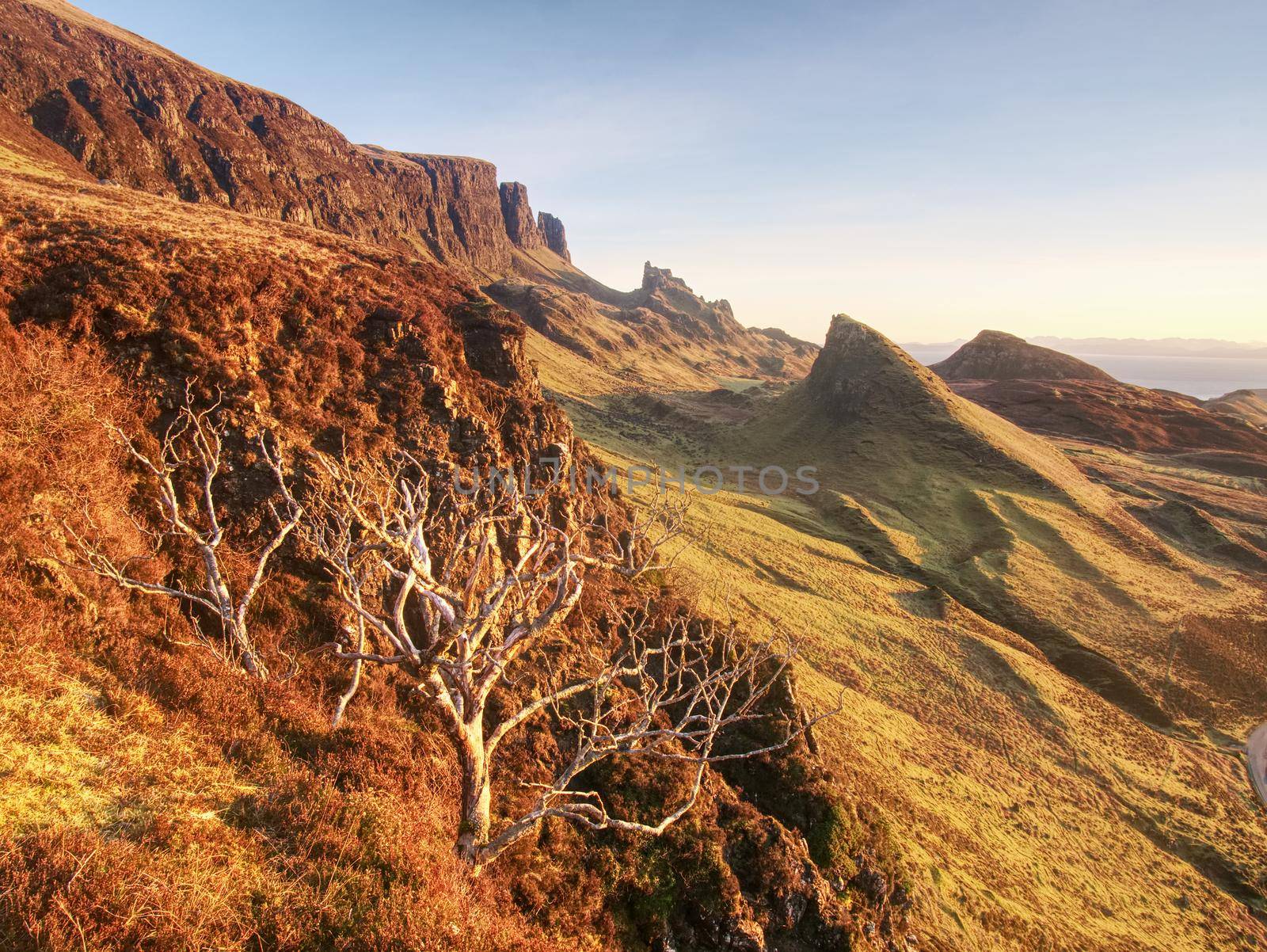 Landscape in Isle of Skye northern Scotland.  Landscape view of Quiraing mountains 