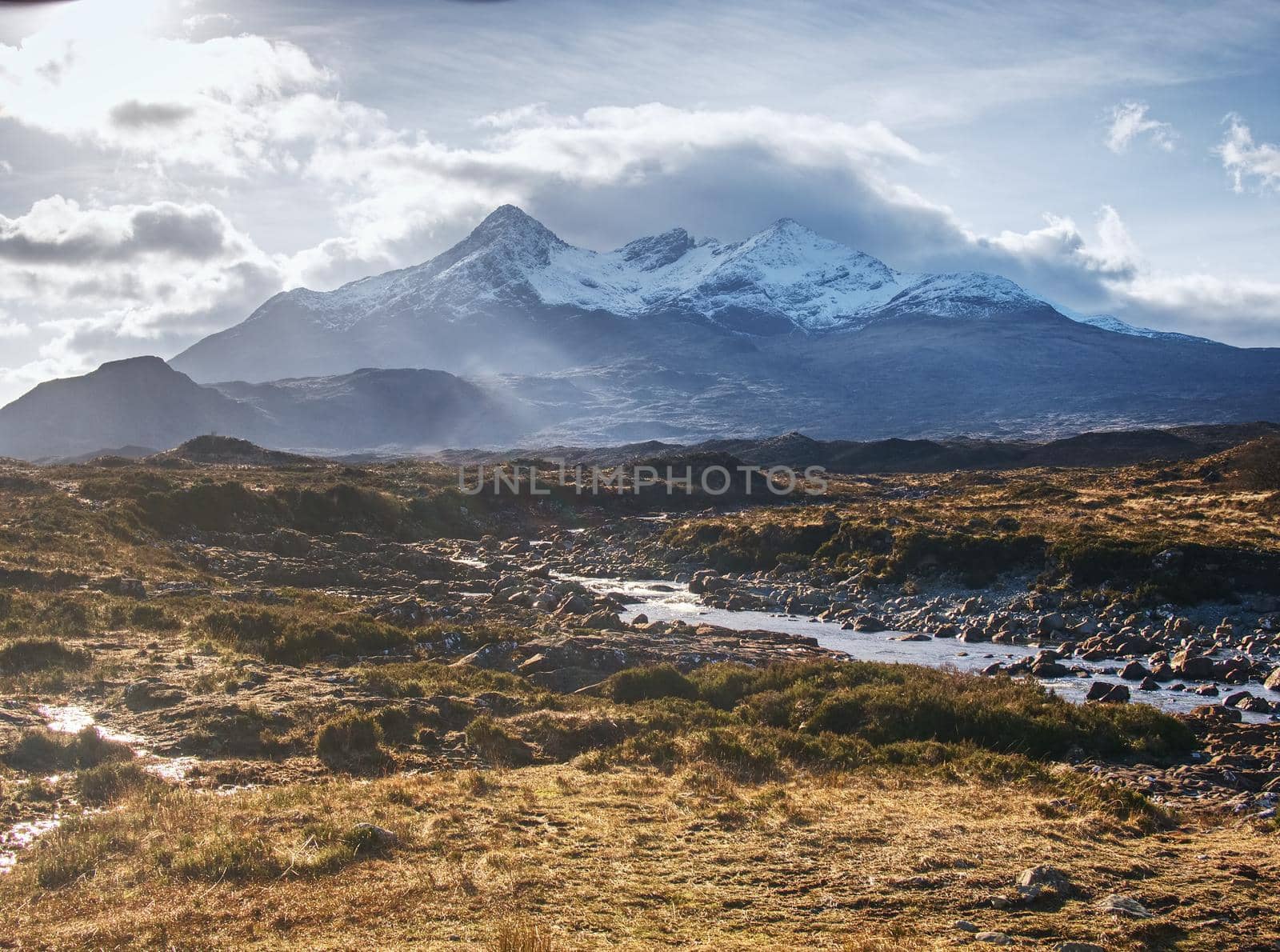 River Sligachan and the mountains , clouds gather.  Sgurr nan Gillean, Cuillin Mountains by rdonar2