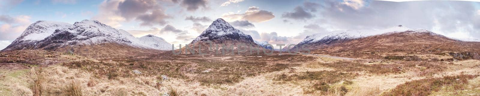 Fresh snow covered peaks of mountains in the Glencoe region of Scotland.