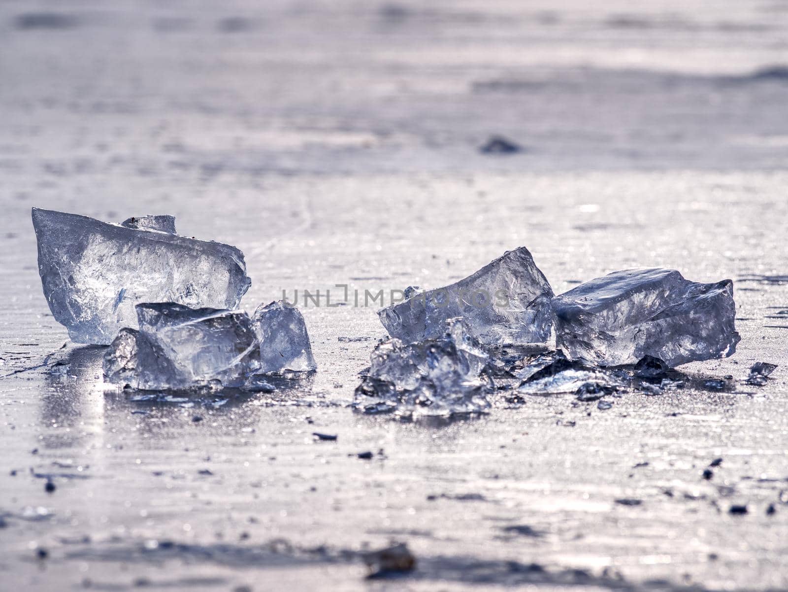 Shining shards of broken ice. Abstract still life of ice floes on lavel of frozen lake.