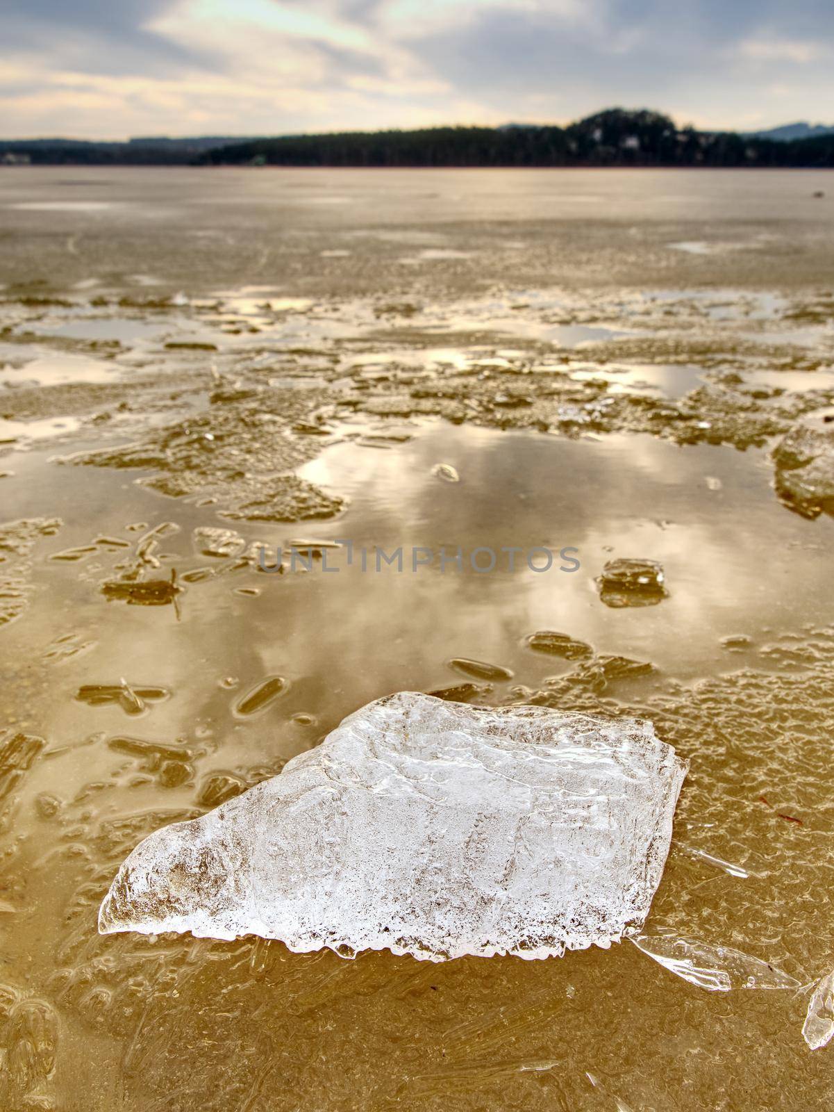 Winter natural wonder. Yellow pieces of snow melting on beach. Wonderful nature creation.
