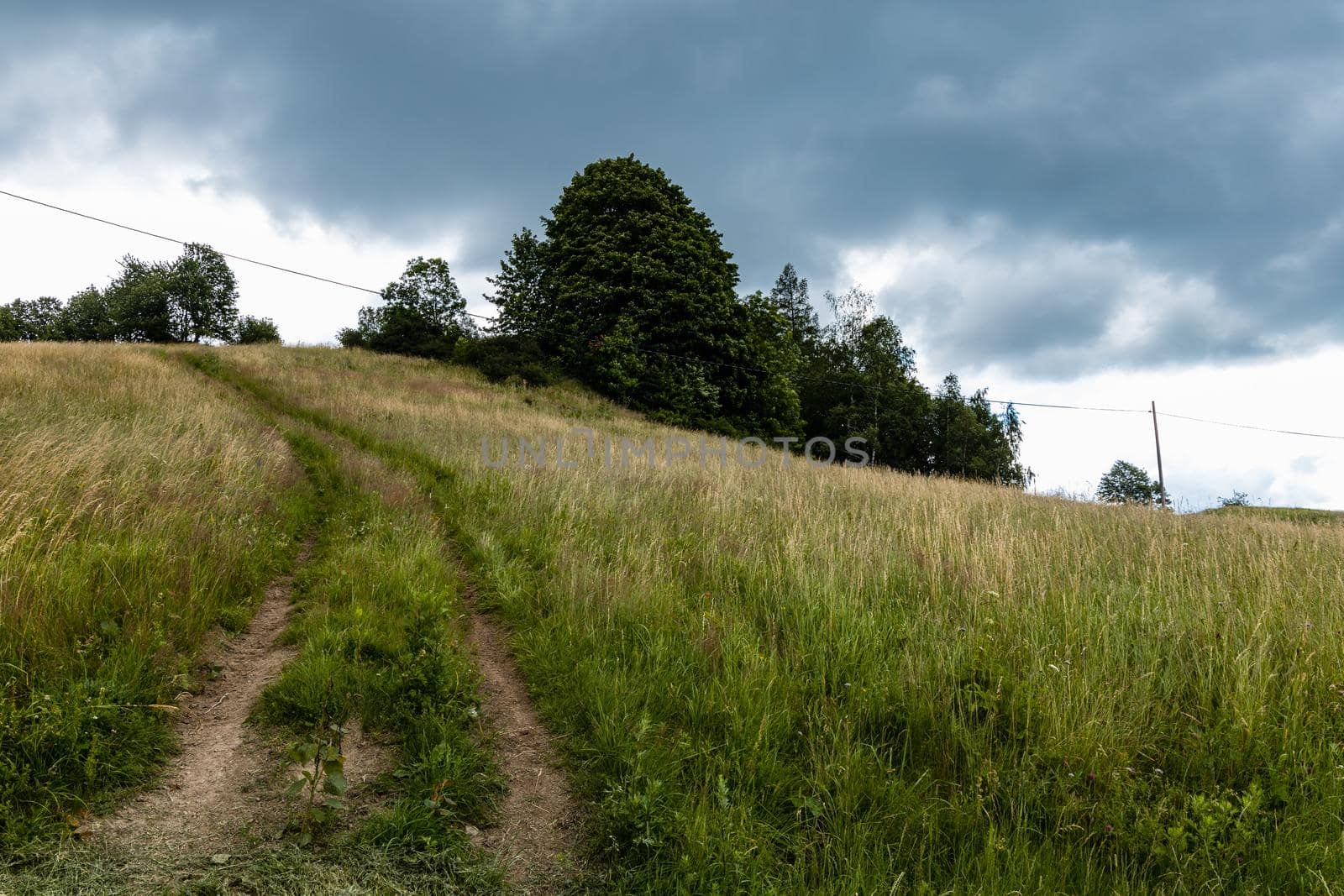 Long mountain trail in Walbrzych Mountains at cloudy day by Wierzchu