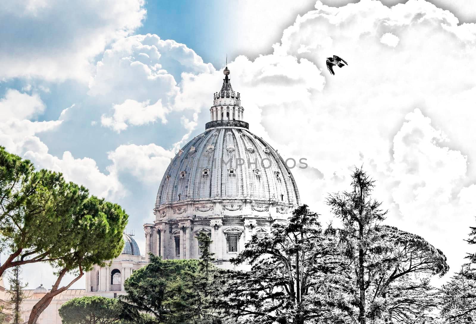 Saint Peter's Basilica  in Vatican in Rome between drawing and reality