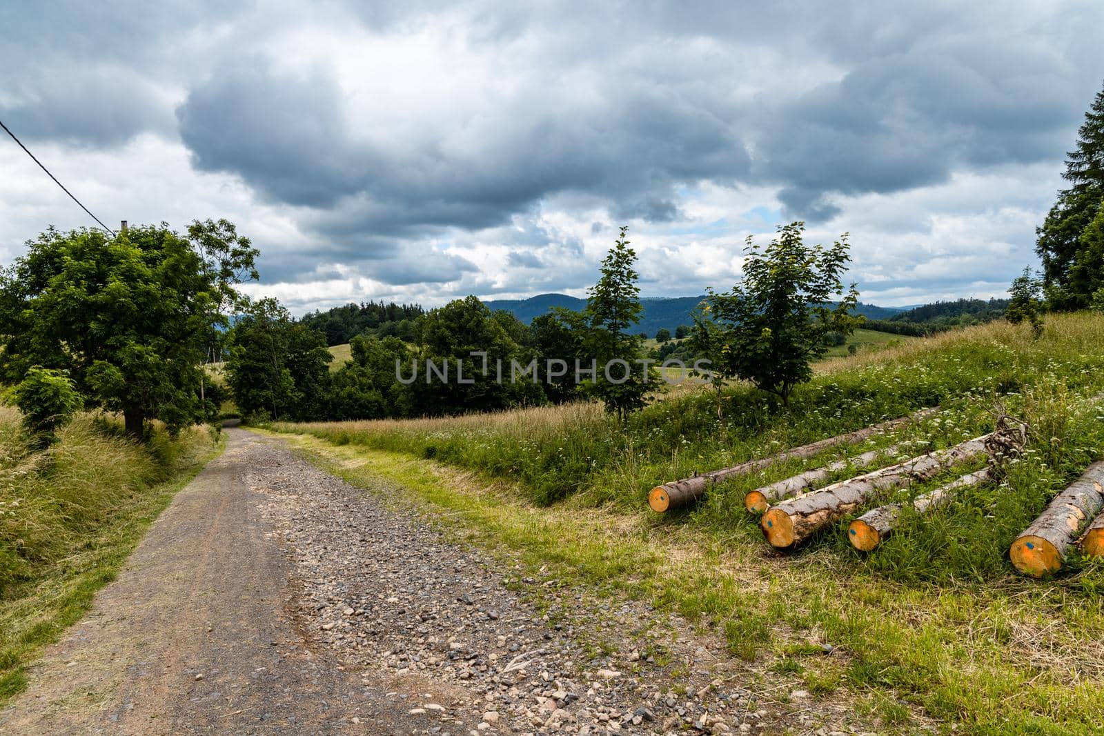 Long mountain trail in Walbrzych Mountains at cloudy day