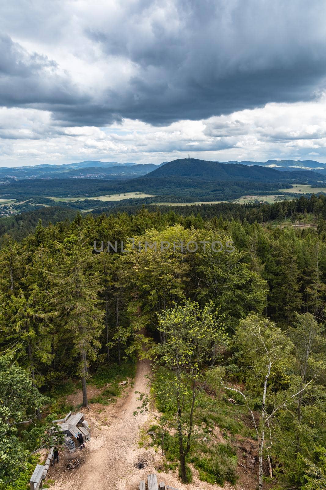 Beautiful panorama of mountains seen from top of observation tower on Trojgarb mountain