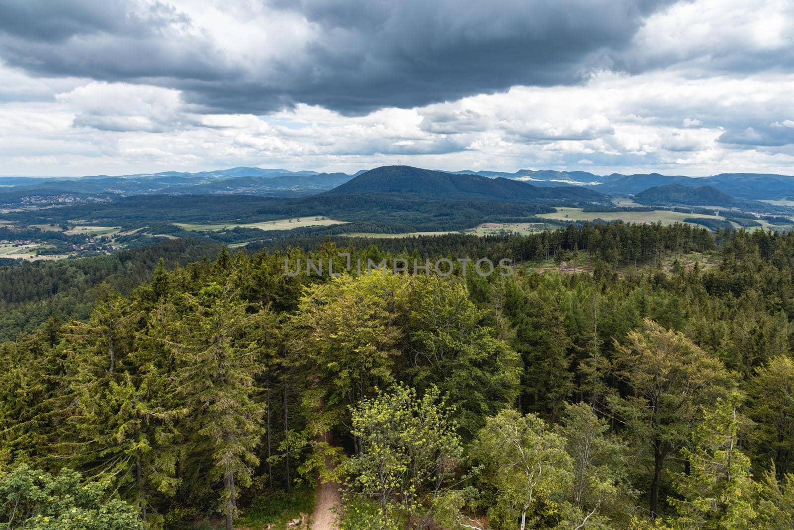 Beautiful panorama of mountains seen from top of observation tower on Trojgarb mountain