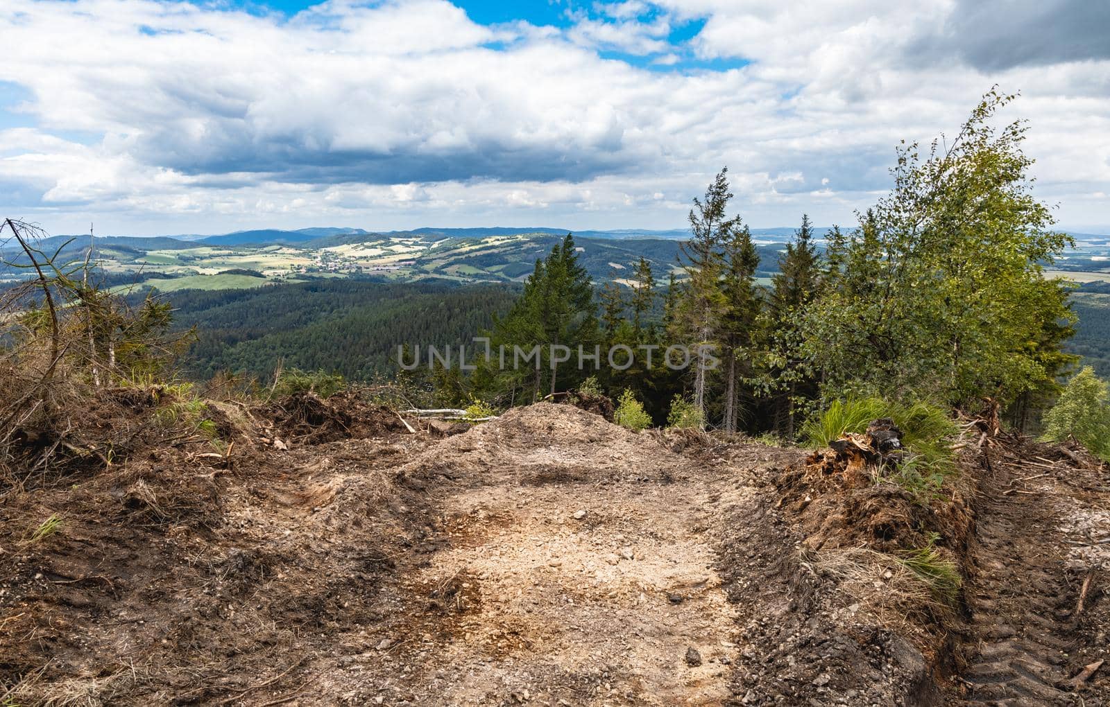 Long mountain trail in Walbrzych mountains with beautiful panorama of mountains by Wierzchu