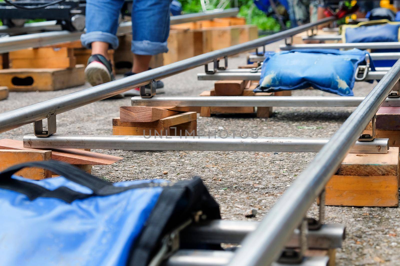 Detail of dolly track for camera equipment,Film Shoot,Behind the scene, Film crew production