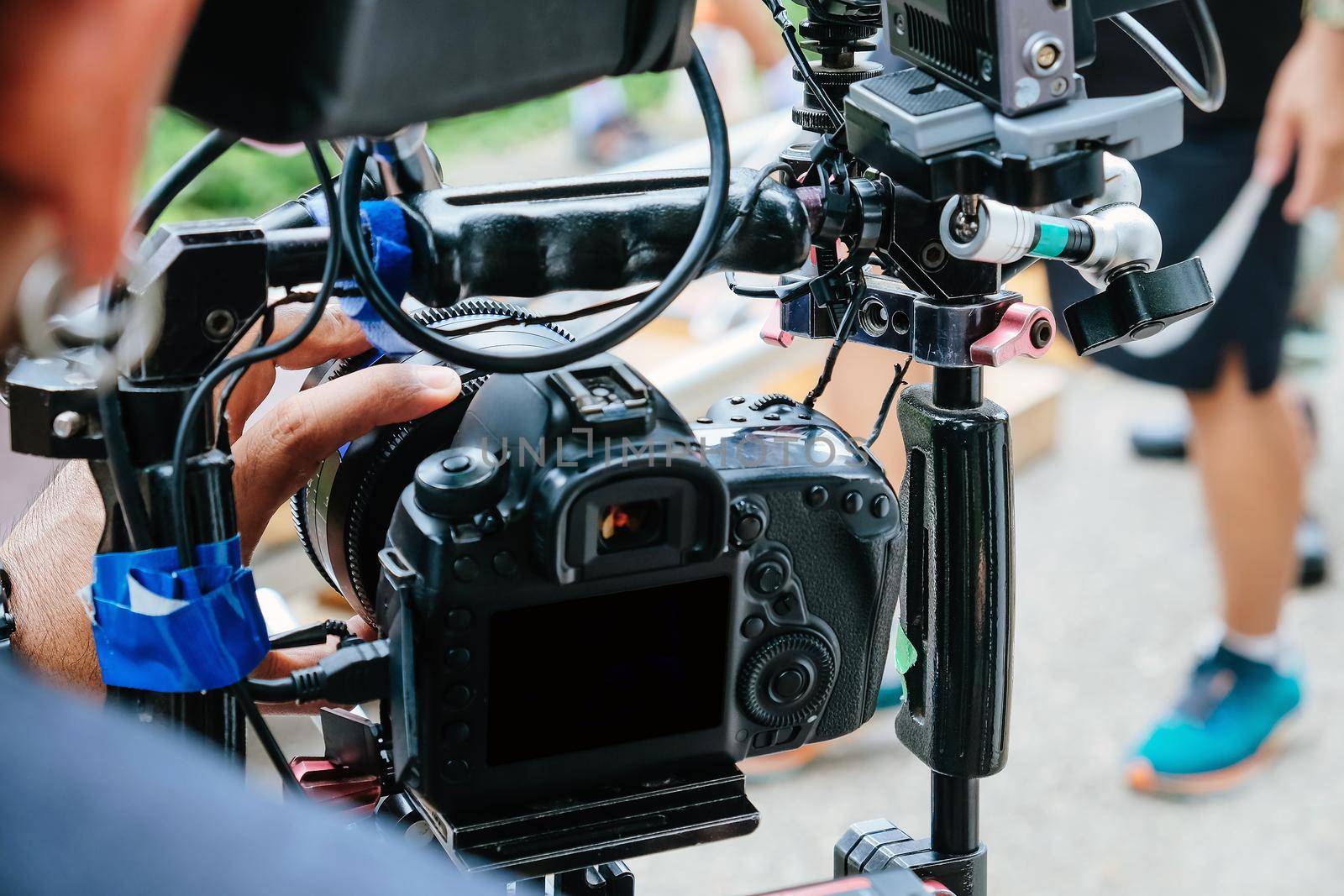 detail of Video camera , film crew production, behind the scenes background