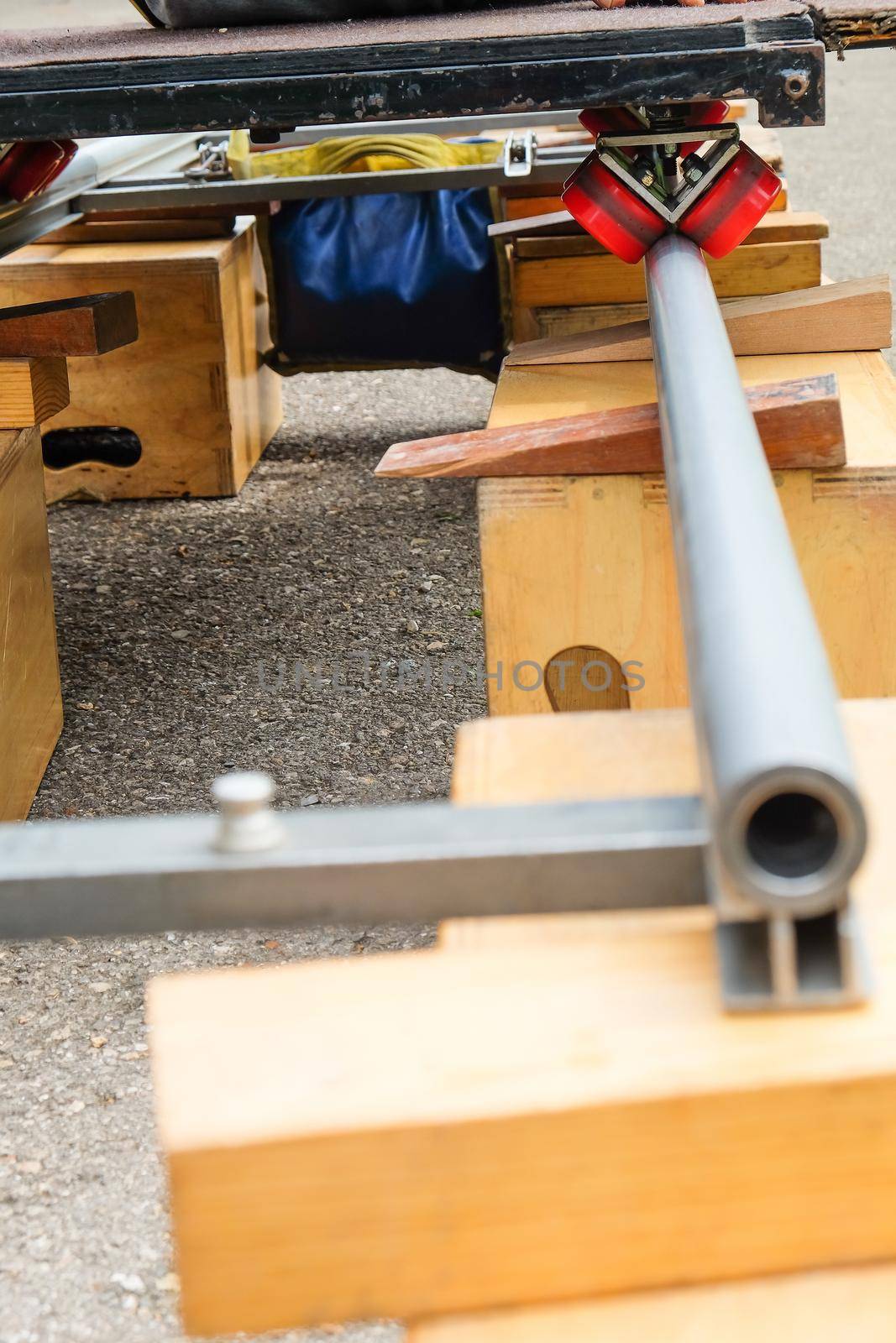 Detail of dolly track for camera equipment,Film Shoot,Behind the scene, Film crew production