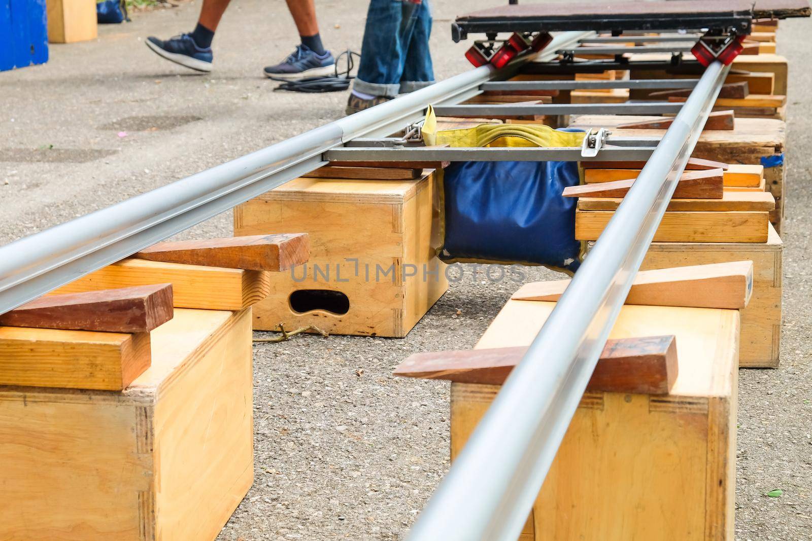 Detail of dolly track for camera equipment,Film Shoot,Behind the scene, Film crew production