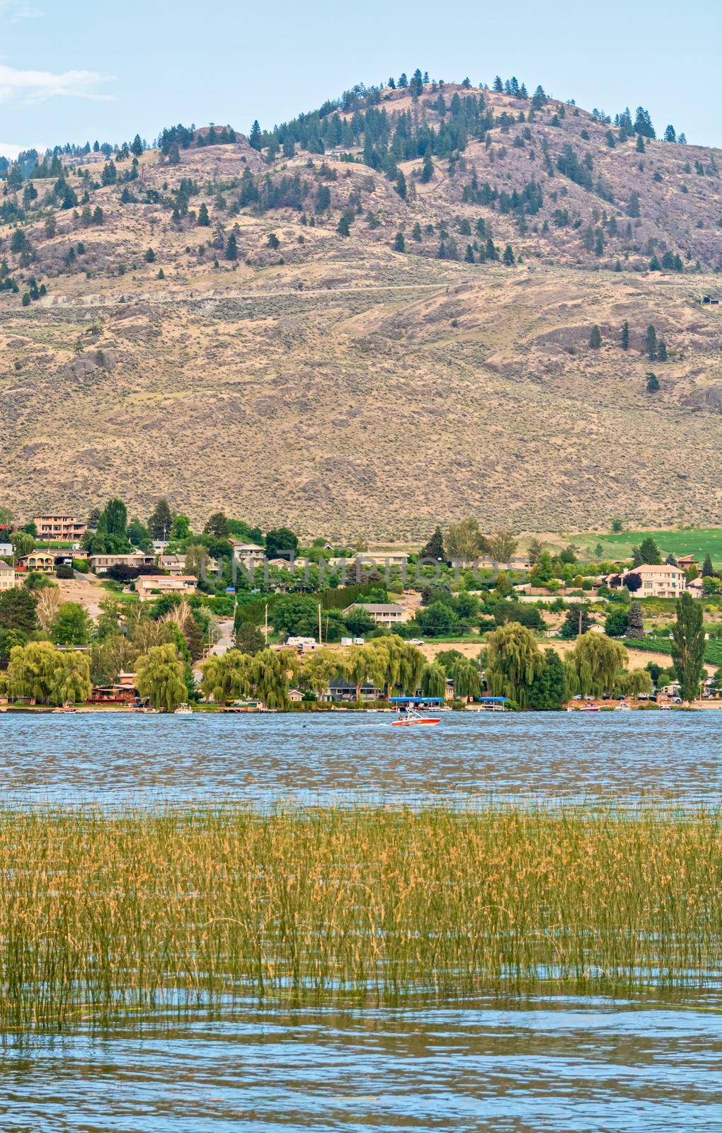 Warm summer evening on Osoyoos lake. Overview of farm lands and resorts on mountains and sky background