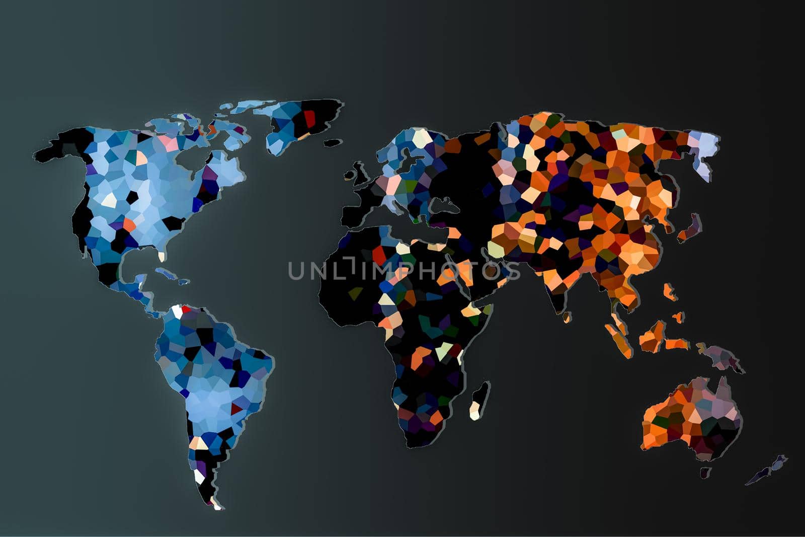 Roughly outlined world map with a colorful background patterns