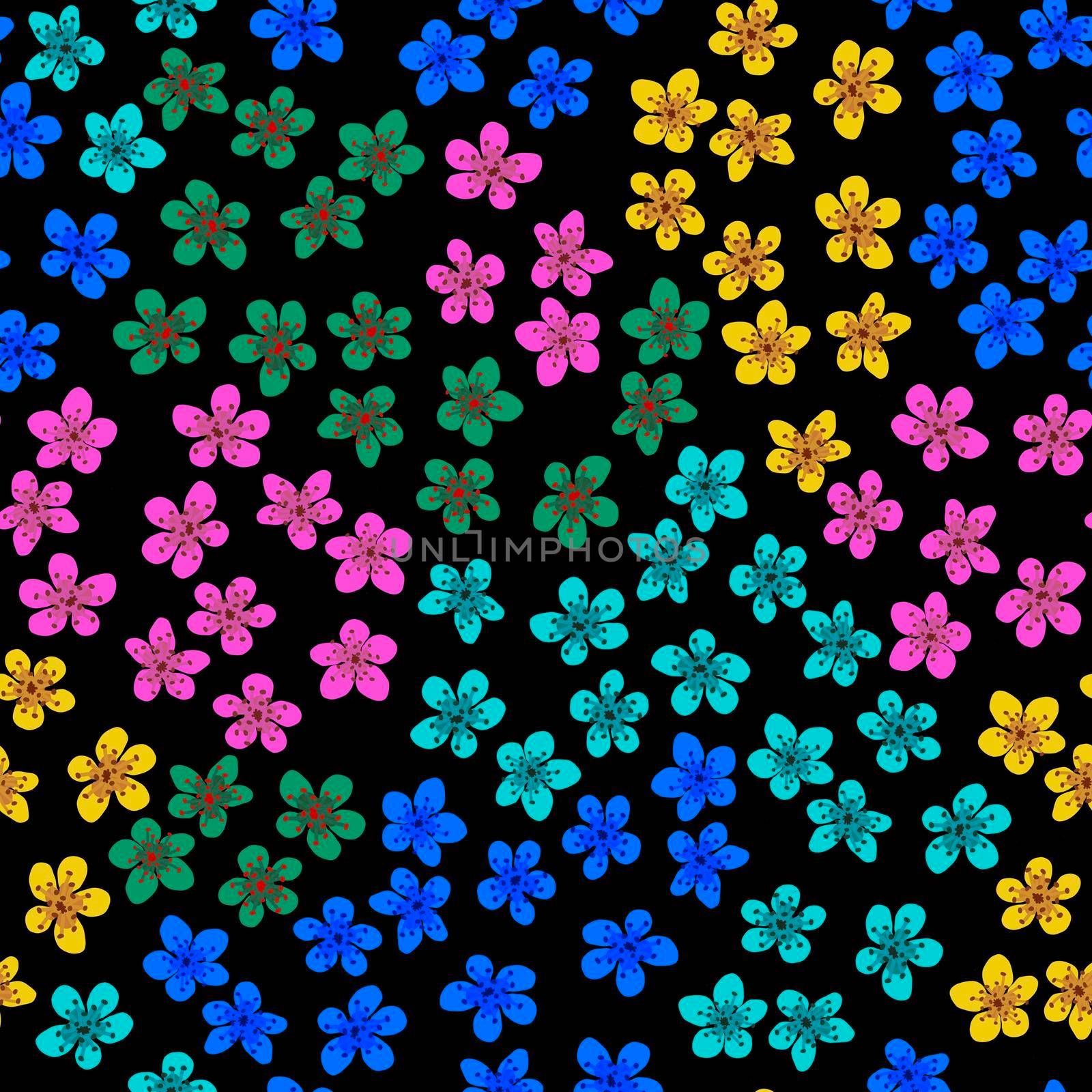 Seamless pattern with blossoming Japanese cherry sakura for fabric, packaging, wallpaper, textile decor, design, invitations, print, gift wrap, manufacturing. Colored flowers on black background. by Angelsmoon