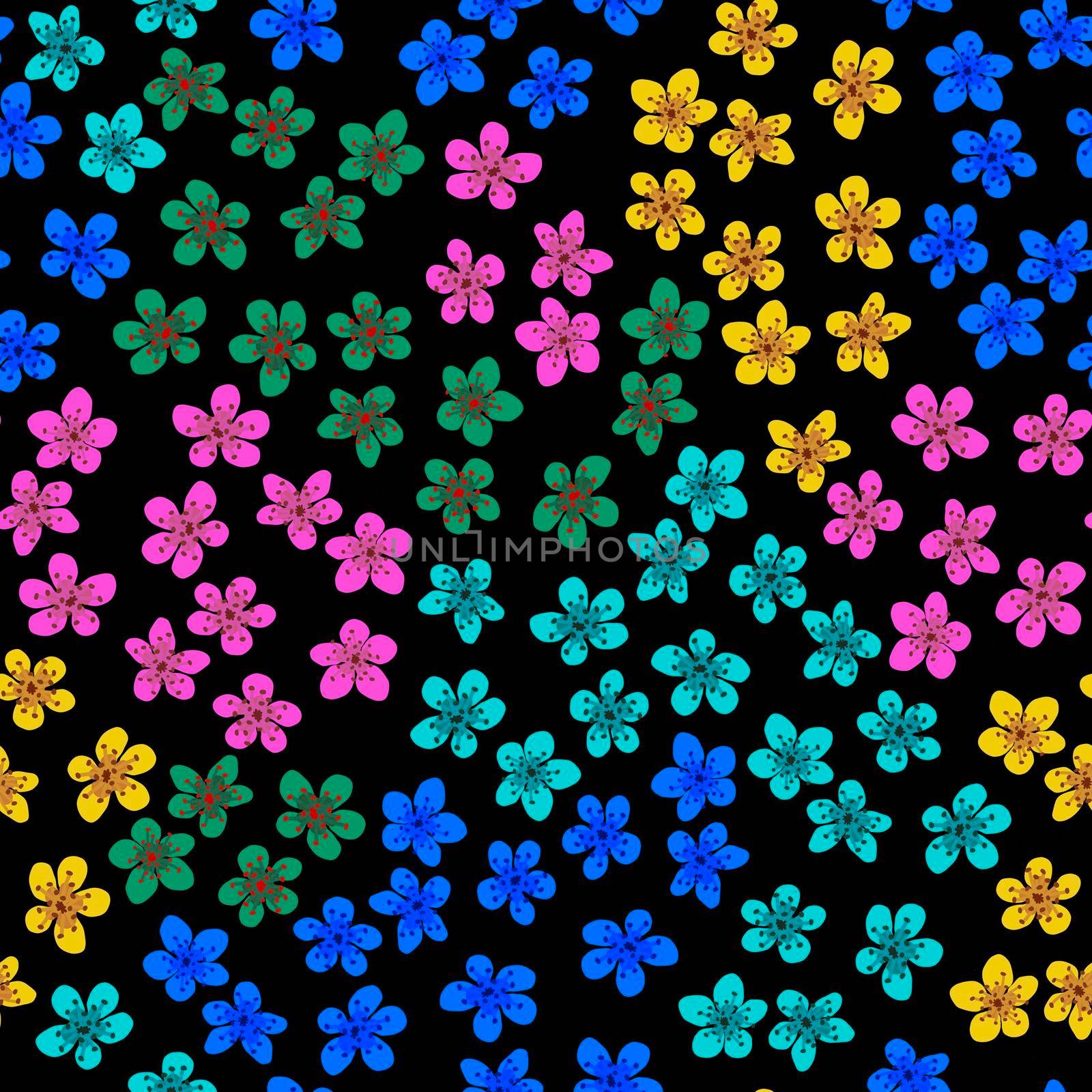 Seamless pattern with blossoming Japanese cherry sakura for fabric, packaging, wallpaper, textile decor, design, invitations, print, gift wrap, manufacturing. Colored flowers on black background