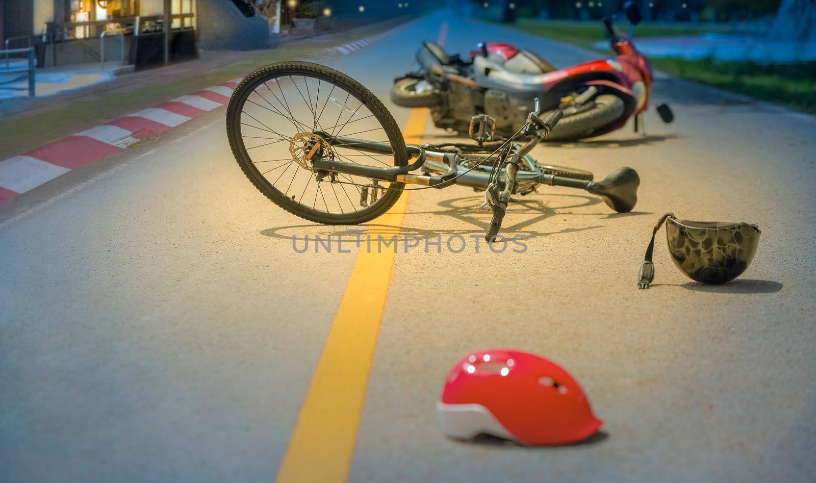 Drunk driving crashes , Accident car crash with bicycle on road at night time.