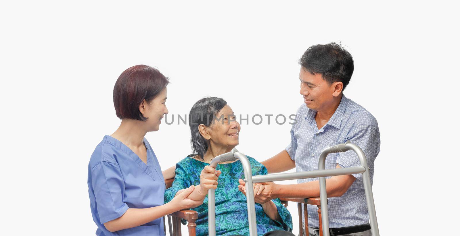 Son looking after elderly mother on wheelchair with caregiver by toa55