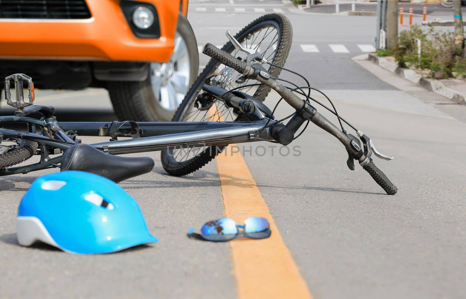 Accident car crash with bicycle on street.